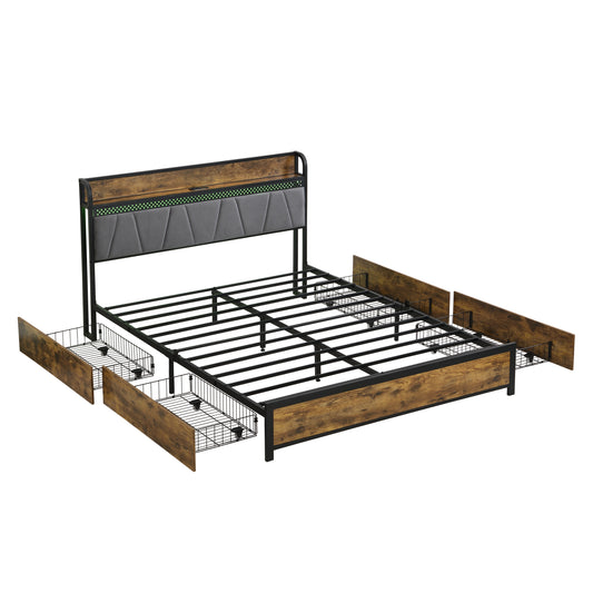 Modern Queen Size Bed Frame with Storage Headboard, Charging Station, LED Lights in Brown and Gray Finish, MDF and Metal Construction