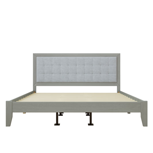 Mid-Century Solid Wood Platform Bed with Upholstered Headboard in Grey Fabric, King Size