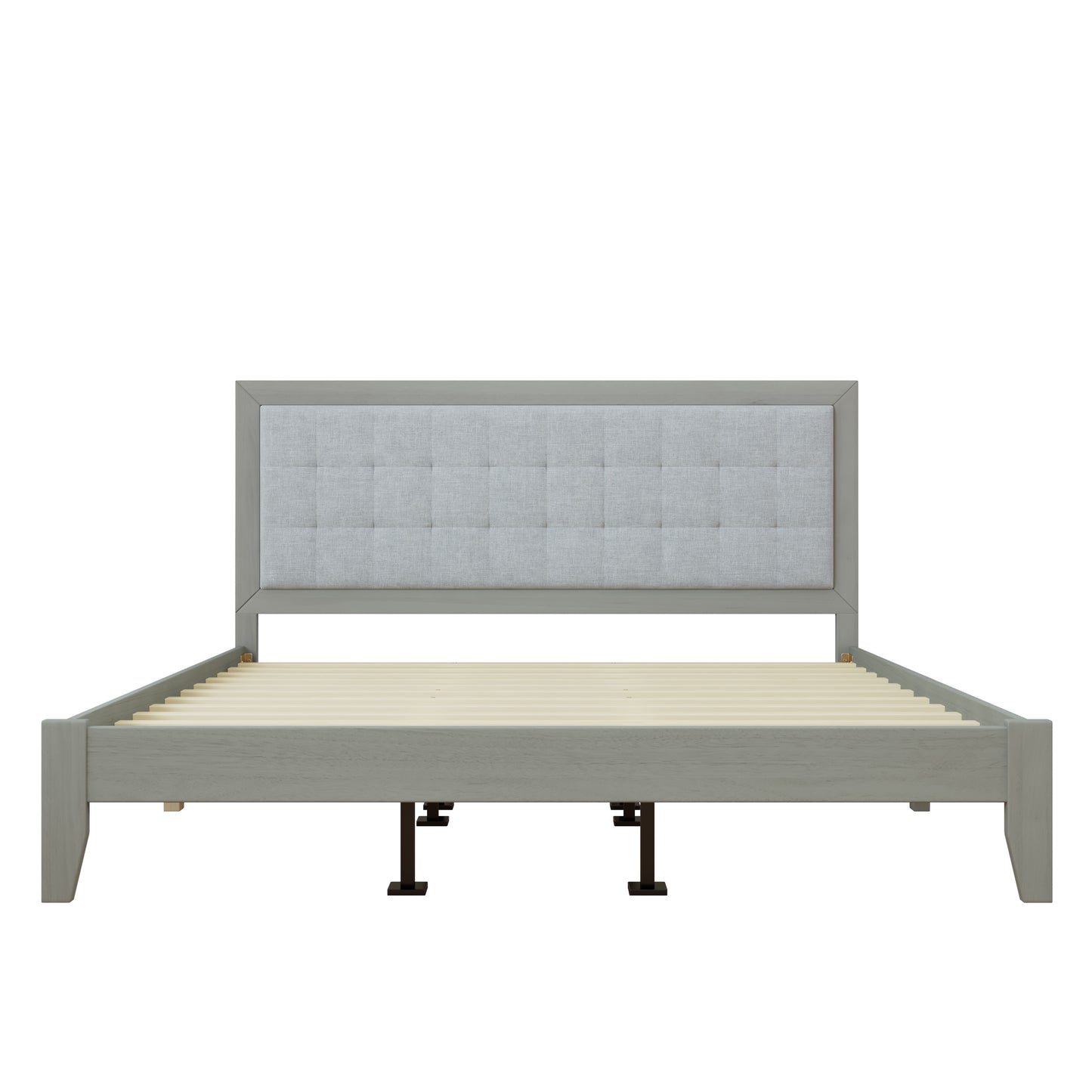 Mid-Century Solid Wood Platform Upholstered Headboard California King Bed in Grey Fabric