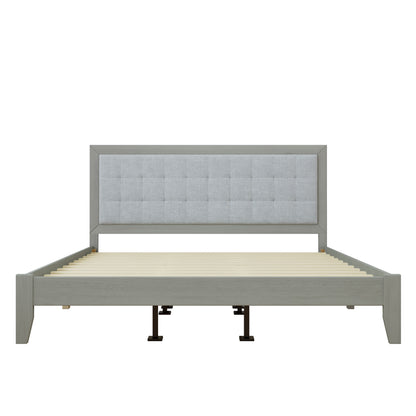 Mid-Century Solid Wood Platform Upholstered Headboard California King Bed in Grey Fabric