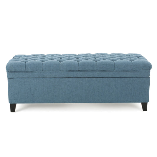 Juliana Storage Ottoman with Stylish Design in Blue Fabric and Birch Legs