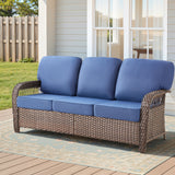 75.2' Outdoor Brown Wicker Patio Sofa with T Shape-Back Cushions and 5' Thick Foam, for Porch or Backyard, Blue