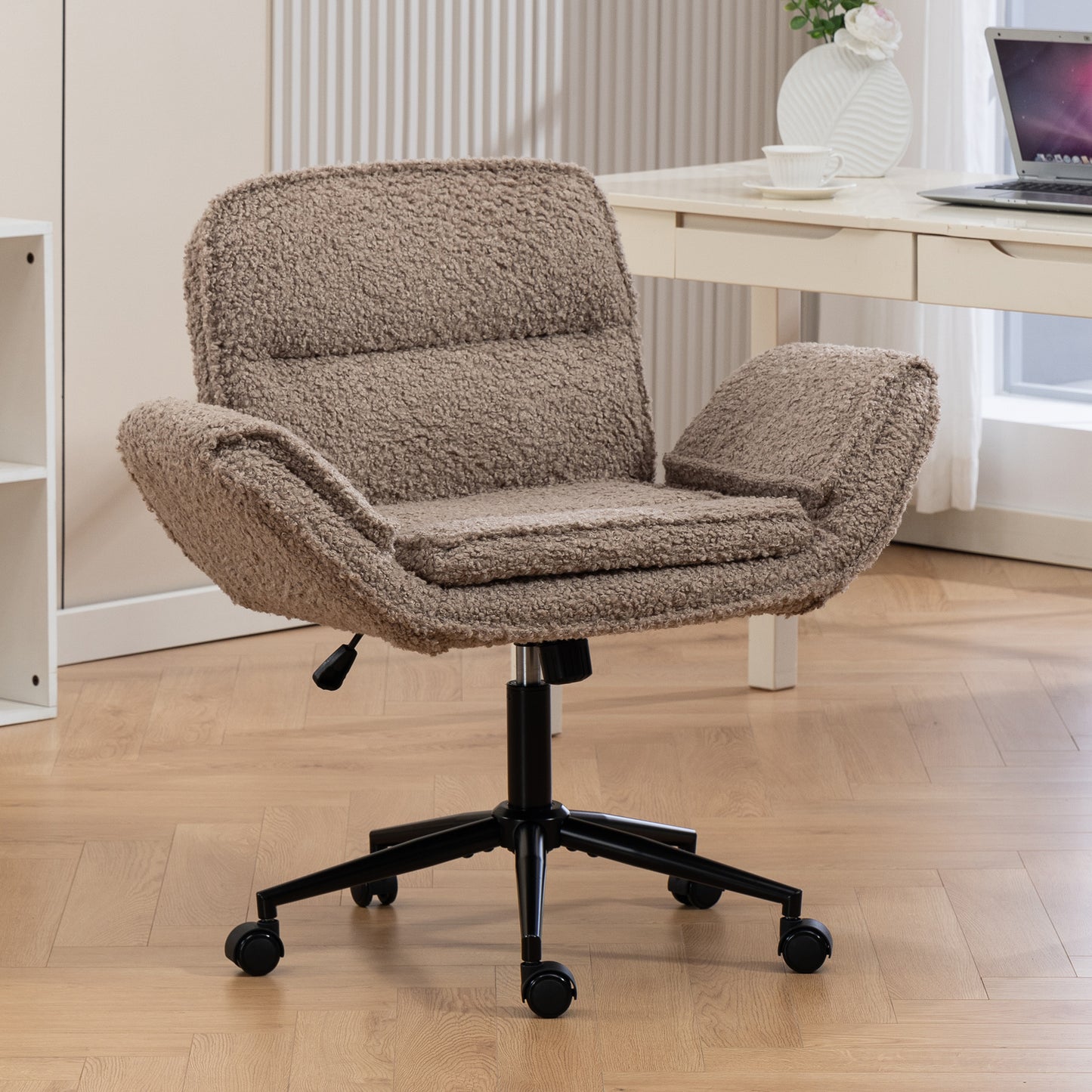 Criss Cross Chair with 5-Gear Adjustable Armrests & Wheels, Ergonomic Thickened Backrest Swivel Desk Chair for Home Office, Vanity, Bedroom and Living Room,brown Teddy fleece