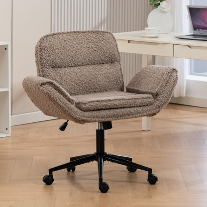 Criss Cross Chair with 5-Gear Adjustable Armrests & Wheels, Ergonomic Thickened Backrest Swivel Desk Chair for Home Office, Vanity, Bedroom and Living Room,brown Teddy fleece