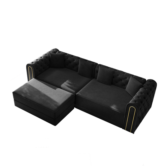 90.6' 3-in-1 Convertible Sleeper Sofa,Elegant Modern Couch with Button Tufted and Gold Edge Trim,3-Seater Couch with Movable Ottoman for Living Room,Apartment,Office,Bedroom,Black