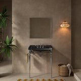 VICI 28' Bathroom Console Sink, Wall-Mounted Black Ceramic Vanity Basin with 3 Pre-drilled Faucet Holes, Freestanding Stainless Steel Support Legs with Towel Bar, No Faucet & Sink Cover, Chrome Color