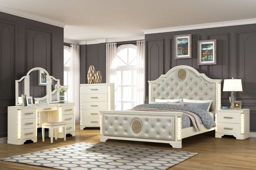 JASMINE Queen 5 Pc Unique LED Vanity Bedroom Set made with Wood in Beige (NJ INVENTORY)
