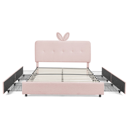 Pink Kids Upholstered Bed with Oversized Rabbit Ear Headboard, LED Light & 4 Storage Drawers in Boucle Fabric, Full Size (79.5''X55.75''X41'')