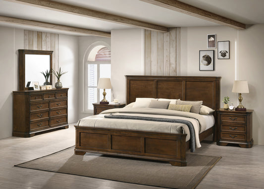 Maderne Traditional Wood Panel Bed with Dresser, Mirror, Two Nightstands, Queen size, bedroom set -5pcs