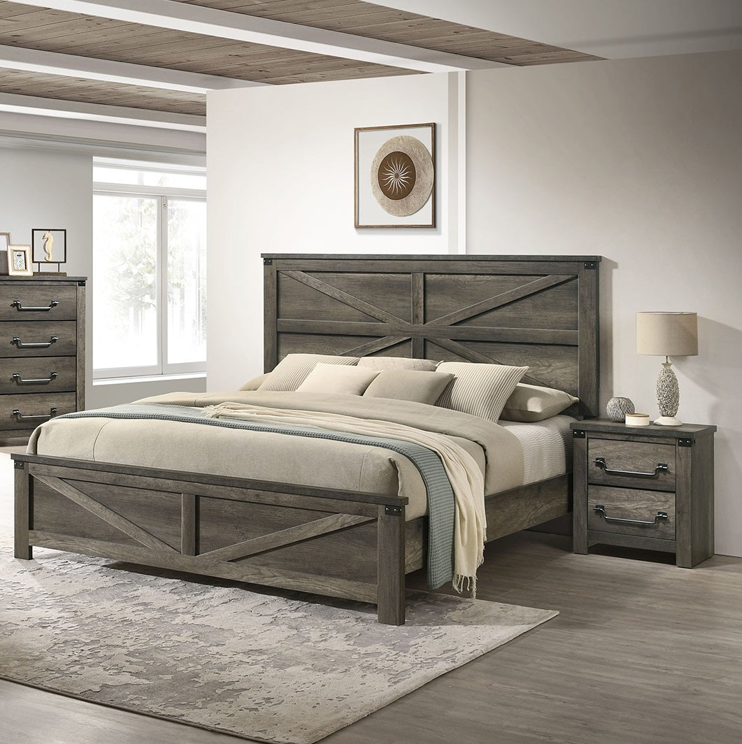Rustic Gray 3pc Set Queen Size Bed 2x Nightstands Unique Design Headboard Bedroom Furniture Metal Accents
