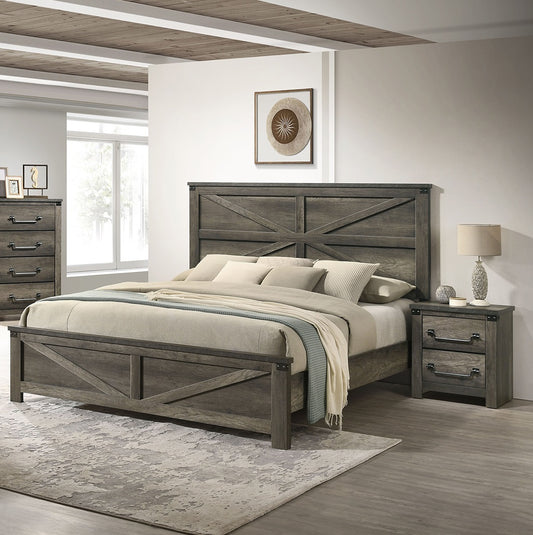 Rustic Gray 3pc Set Queen Size Bed 2x Nightstands Unique Design Headboard Bedroom Furniture Metal Accents