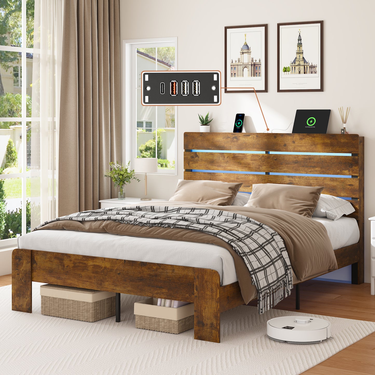Full Bed Frame with Headboard and Footboard, with Under Bed Storage, LED Lights, Charging Station,1200lbs CapacityAll-Metal Support System, No Box Spring Needed, Easy Assembly,Rustic Brow