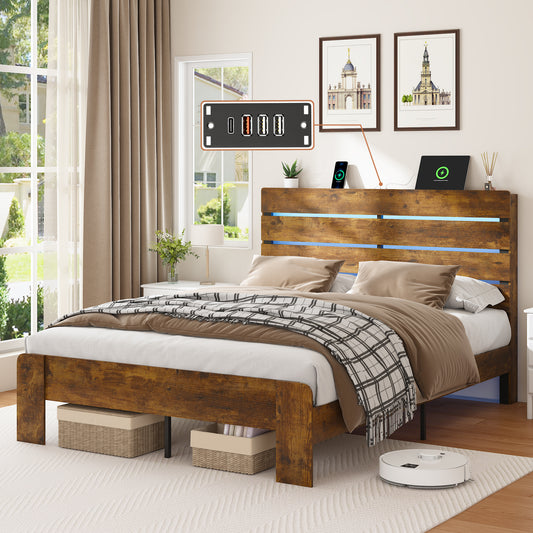Full Bed Frame with Headboard and Footboard, with Under Bed Storage, LED Lights, Charging Station,1200lbs CapacityAll-Metal Support System, No Box Spring Needed, Easy Assembly,Rustic Brow
