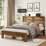 Full Bed Frame with Headboard and Footboard, with Under Bed Storage, LED Lights, Charging Station,1200lbs CapacityAll-Metal Support System, No Box Spring Needed, Easy Assembly,Rustic Brow