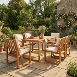 7 Pieces Patio Dining Set Outdoor Dining Table and Chairs Stylish Outdoor Furniture Set with Removable Cushions for Patio, Backyard, Garden, Natural Wood+Beige Cushion