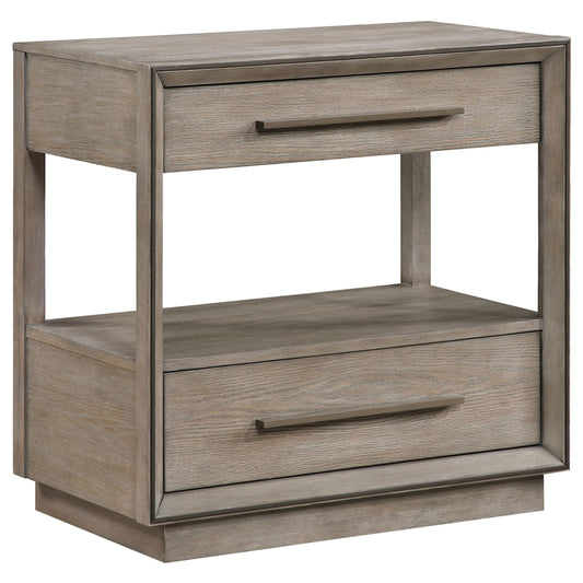 Prescott Taupe Oak 2-Drawers Nightstand with Mitered Trim and Open Shelf in Neutral Wood Finish