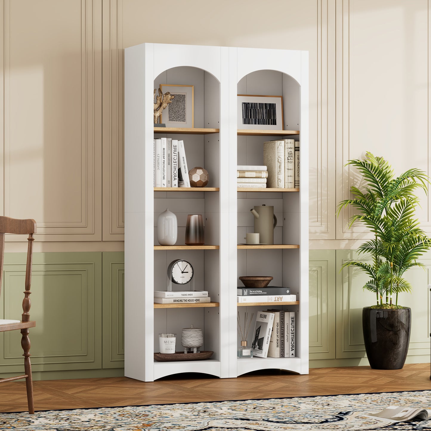 ON-TREND Free Standing 5 Tier Bookshelves, Bookcases Set of 2, Farmhouse Two-Tone Storage Cabinet with Adjustable Shelves, Modern 72'H Kitchen Pantry Cabinet for Living Room, Home Office, White