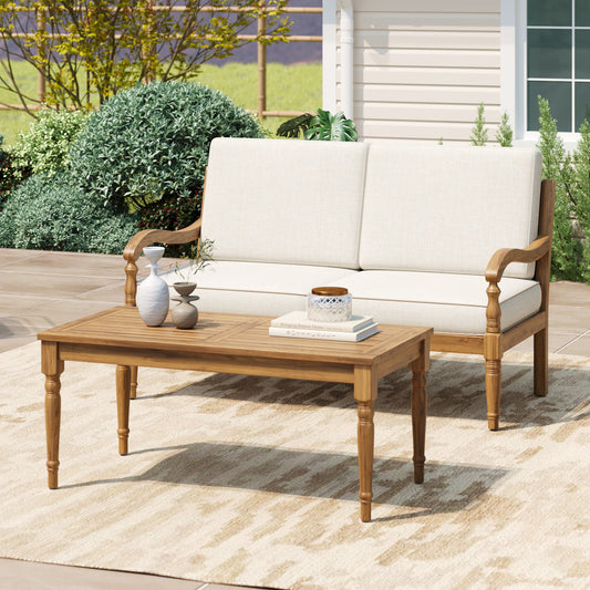 2 Piece Sofa Seating Group with Cushions, Outdoor Acacia Wood Patio Seating Group,Natural+Beige