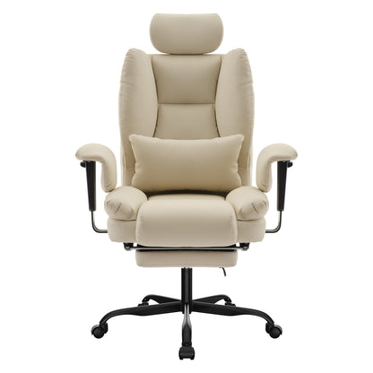 Office Chair Ergonomic 200 kg PU Leather Computer Chair with Lumbar Support and High Backrest, Ergonomic Desk Chair with Liftable Headrest, Beige