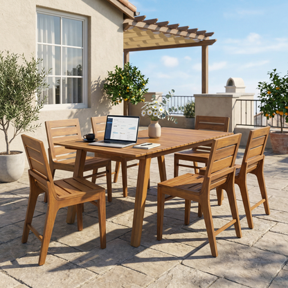 7-Piece Outdoor Dining Set, 69' Solid Wood Dining Table & 6 Acacia Wood Dining Chairs with Teak Finish, Ergonomic Curved Back, Weather Resistant for Garden, Backyard, Patio