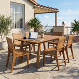 7-Piece Outdoor Dining Set, 69' Solid Wood Dining Table & 6 Acacia Wood Dining Chairs with Teak Finish, Ergonomic Curved Back, Weather Resistant for Garden, Backyard, Patio
