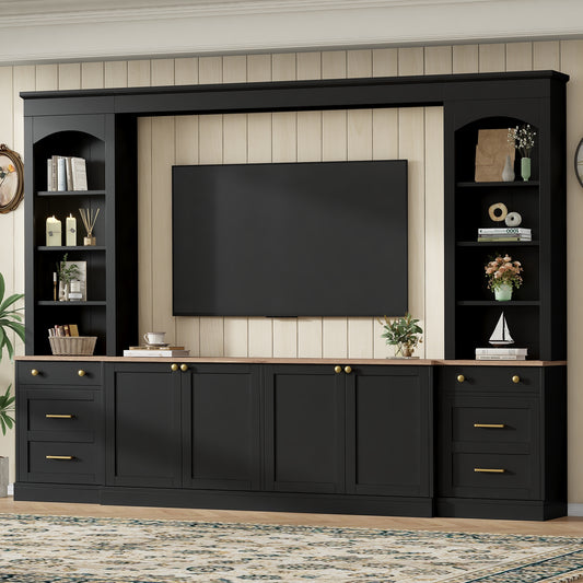 Farmhouse Arched Entertainment Center Wall Unit with Bookshelf, Retro Large TV Stand with Wood Grain for TVs Up to 70', 106inch Multi-Functional Media Console with Drawers for Living Room, Black