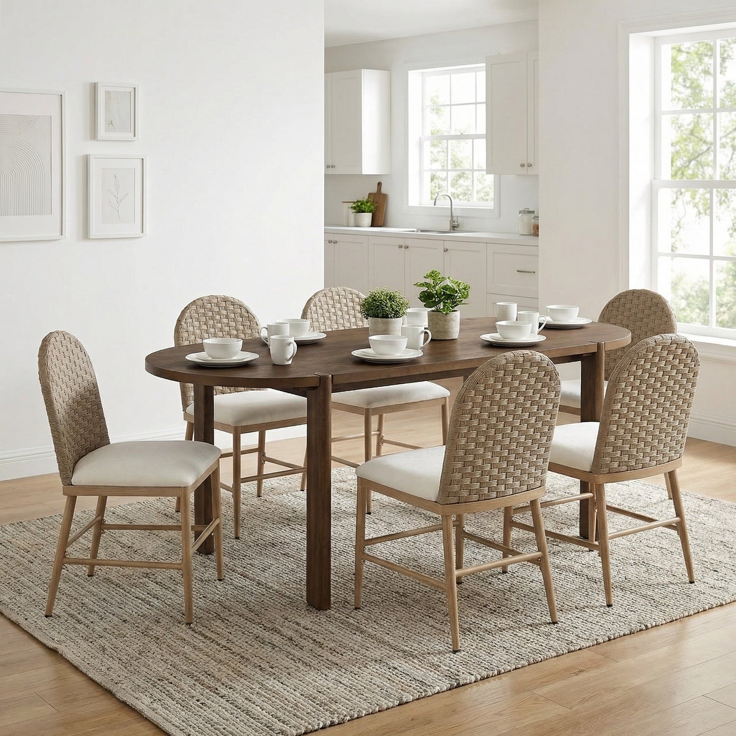 7 Pieces Modern Oval Dining Set, Rustic Farmhouse Solid Wood  Kitchen Table Set for 6, 71'' Large Luxury Retro Country Dinner Set with Brown Chairs, for Dining Room, Kitchen, Living Room, Walnut
