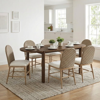 7 Pieces Modern Oval Dining Set, Rustic Farmhouse Solid Wood  Kitchen Table Set for 6, 71'' Large Luxury Retro Country Dinner Set with Brown Chairs, for Dining Room, Kitchen, Living Room, Walnut