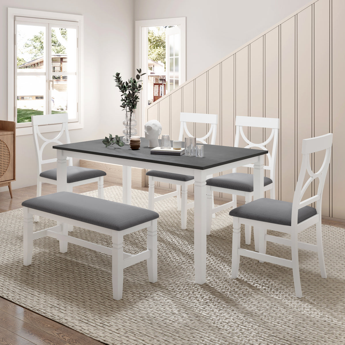 TOPMAX 6-Piece Wood Dining Table Set Kitchen Table Set with Upholstered Bench and 4 Dining Chairs, Farmhouse Style,Gray+White (old sku: SP000003AAK)