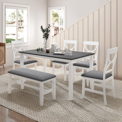 TOPMAX 6-Piece Wood Dining Table Set Kitchen Table Set with Upholstered Bench and 4 Dining Chairs, Farmhouse Style,Gray+White (old sku: SP000003AAK)