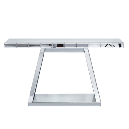 Modern Luxe Full-Body Mirror Entryway Table with Trapezoid Base, 360° Reflective Console, Scratch-Resistant, Open Storage, Silver, MDF & Glass, 55.9'