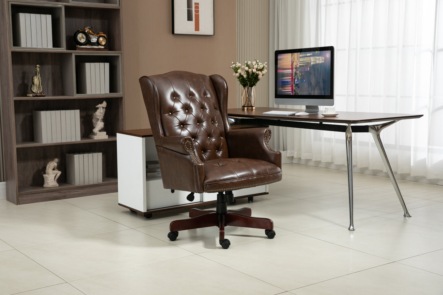 Executive Office Chair - High Back Reclining Comfortable Desk Chair - Ergonomic Design - Thick Padded Seat and Backrest - PU Leather Desk Chair with Smooth Glide Caster Wheels, 1 Pack Brown