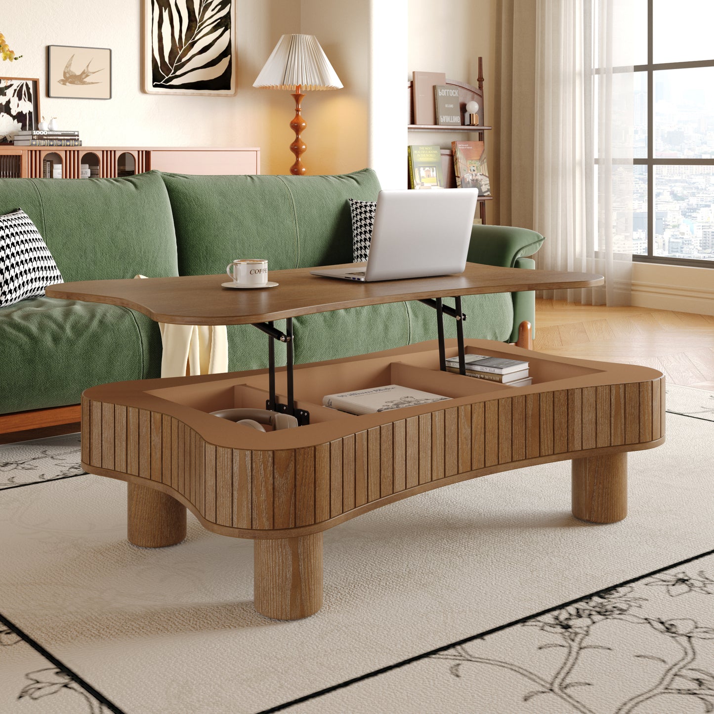 Lift Top Coffee Table for Living Room 42' - Fluted Panel Hidden Storage, Silent Hydraulic Lift, Curved Safety Corners, 5 Min Assembly (27'W x 13-18.9'H,Walnut)