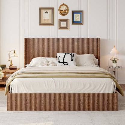 Large grooved undulating lift storage bed frame, wooden platform bed frame with lift storage, no spring box required/no noise, rustic brown slatted natural wood(
King)