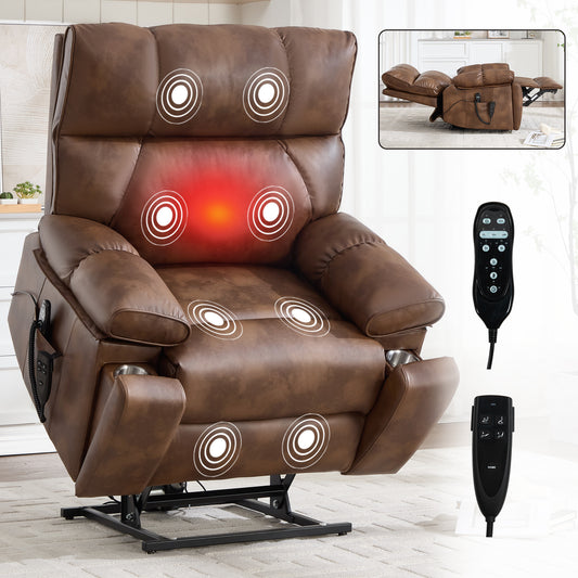 Brown Leatheraire Heat Massage Dual Motor Infinite Position Up to 350 LBS Large Electric Power Lift Recliners with Hidden Cup Holders, Power-Remote, Medium-firm and Heavy Duty