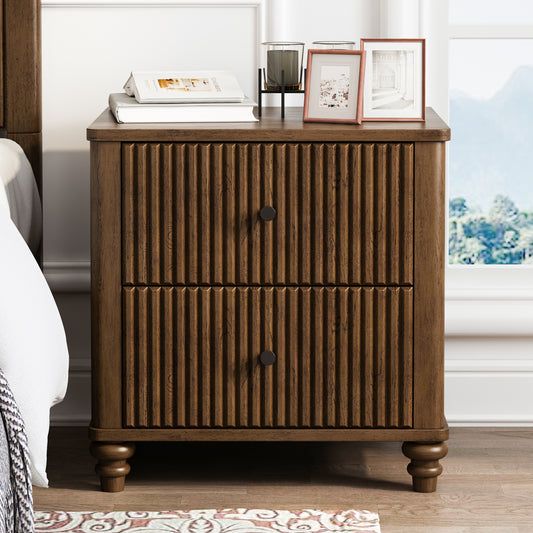 Fluted Nightstand, 21.65' Wide Side Table with 3 Drawers, Mid Century Modern Wood NightStand with Metal Handle, Wooden Bedside End Table for Bedroom, Living Room, Closet, Walnut