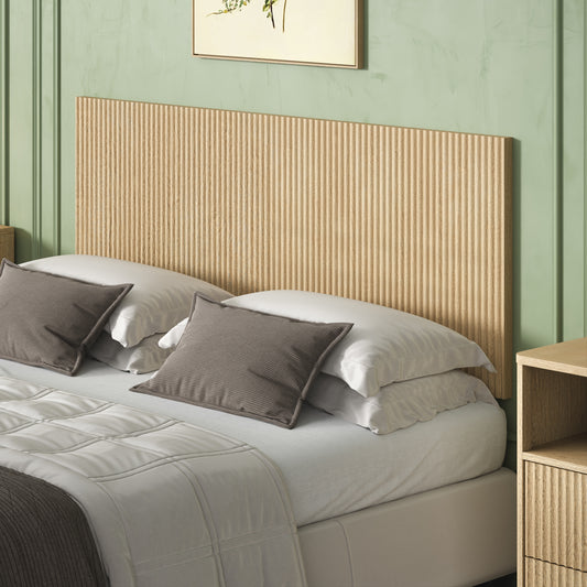 Modern Wavy Wooden Headboard, 60.8' Wide Vertical Wood Grain Design, Easy Wall-Hanging Assembly, Bohemian Style, Oak.