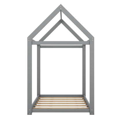 Twin Size Wooden House Bed in Gray with Pine and MDF Construction, 78.3''L x 40''W x 70.3''H