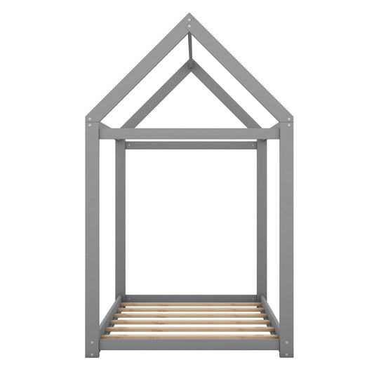 Twin Size Wooden House Bed in Gray with Pine and MDF Construction, 78.3''L x 40''W x 70.3''H