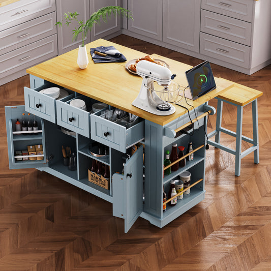 K&K 53inch Large Kitchen Island with Drop Leaf,Power Outlet,Door Internal Storage Rack,Rolling Kitchen Cart on 5 Wheels with 5 Open Side Racks for Kitchen,Grey Blue(Two Packages)(Stools not included)