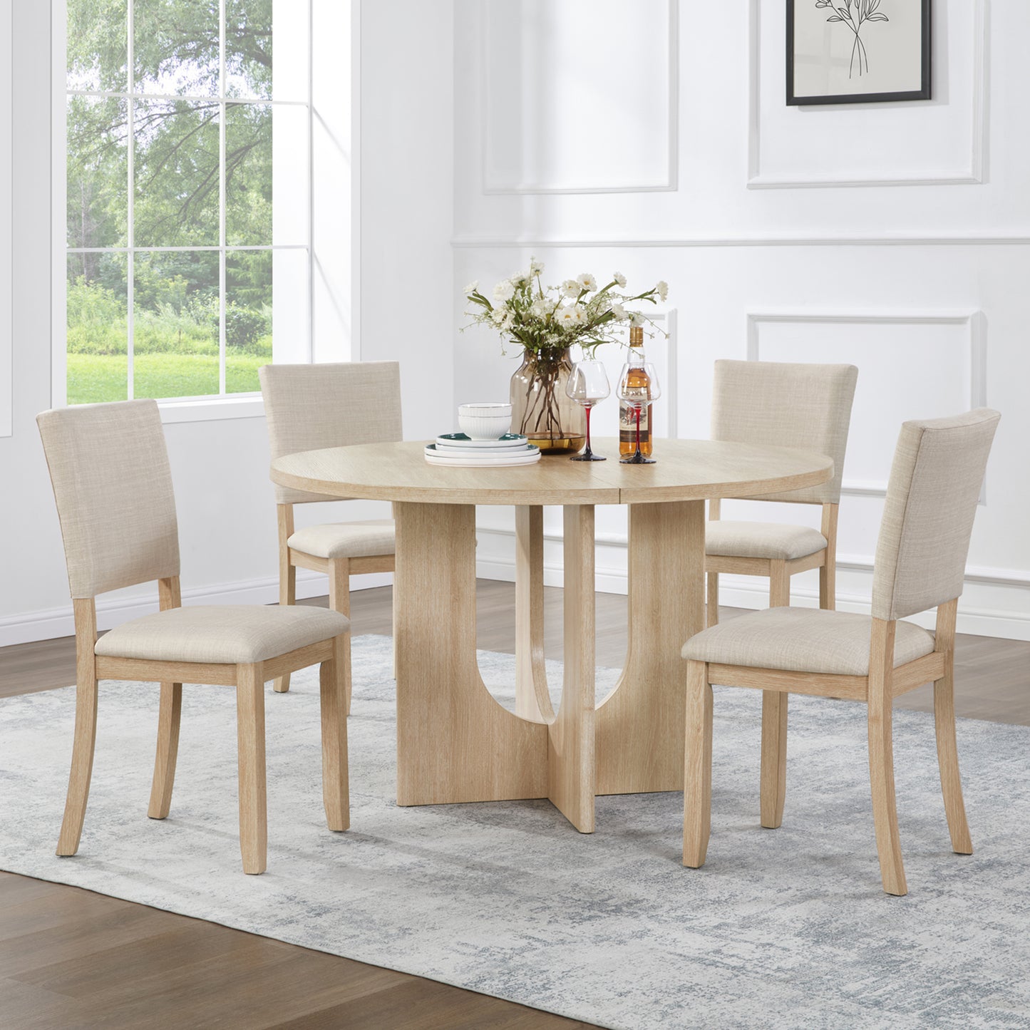 47.3' Round Dining Set with 4 Upholstered Dining Chairs, Modern Round Dining Table Set for 4, 5-Piece Round Dining Table Set for Living Room, Kitchen, Light Oak & Beige