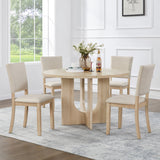 47.3' Round Dining Set with 4 Upholstered Dining Chairs, Modern Round Dining Table Set for 4, 5-Piece Round Dining Table Set for Living Room, Kitchen, Light Oak & Beige