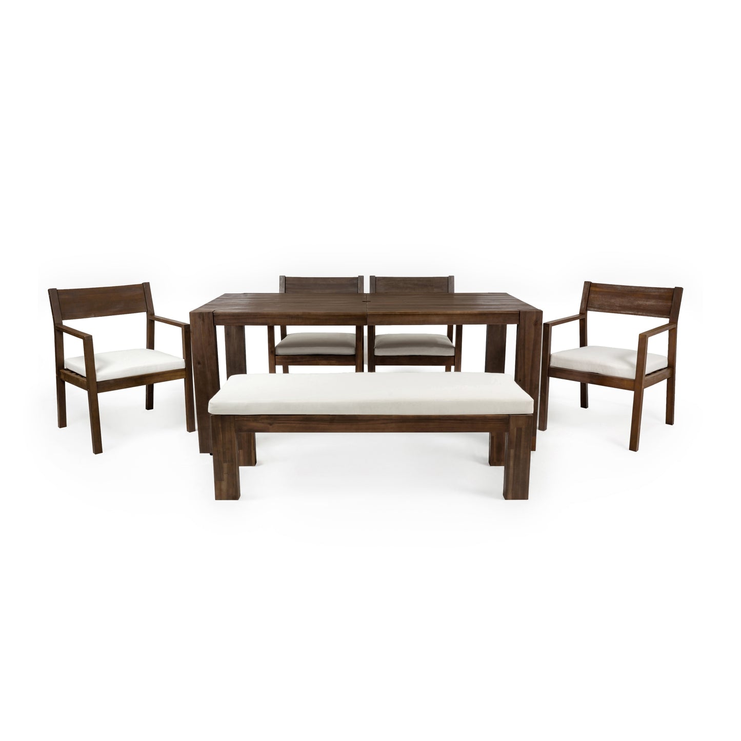 TREXM Rustic Outdoor Patio Dining Set for 6 with Umbrella Hole, 71' Rectangular Table, Chairs and Bench in Mocha Frame with Beige Cushions, Acacia Wood Construction