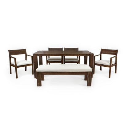 TREXM Rustic Outdoor Patio Dining Set for 6 with Umbrella Hole, 71' Rectangular Table, Chairs and Bench in Mocha Frame with Beige Cushions, Acacia Wood Construction