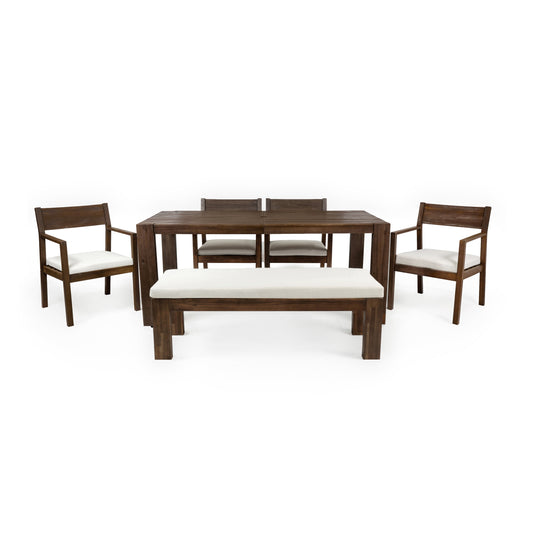 TREXM Rustic Outdoor Patio Dining Set for 6 with Umbrella Hole, 71' Rectangular Table, Chairs and Bench in Mocha Frame with Beige Cushions, Acacia Wood Construction