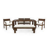 TREXM Rustic Outdoor Patio Dining Set for 6 with Umbrella Hole, 71' Rectangular Table, Chairs and Bench in Mocha Frame with Beige Cushions, Acacia Wood Construction
