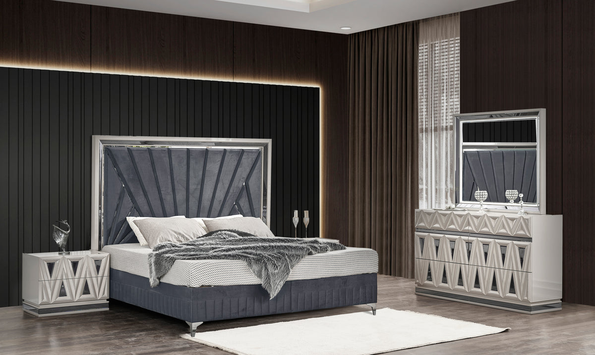Lavita Modern & Contemporary Style 4 Pc Queen Upholstered Bedroom Set Made with Wood and Gold Accents in River Sand Grey (NJ Inventory)
