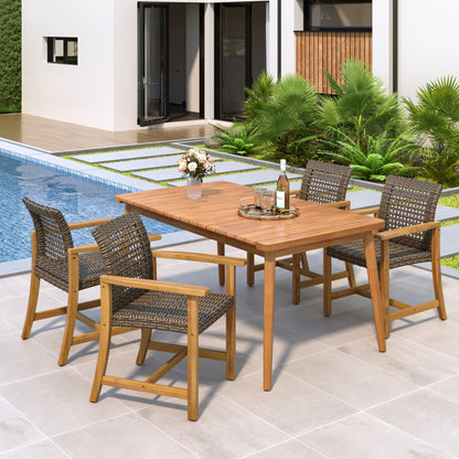 5-Piece Patio Dining Set, 63' Slatted Table & 4 Acacia Wood & PE Rattan Chairs for Patio Garden