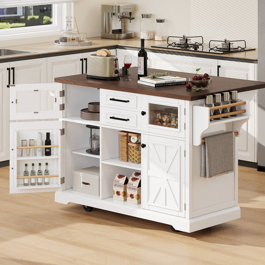 K&K 54.9' Kitchen Island with Drop Leaf, Power Outlet, Kitchen Storage Cart with 4 Door Shelves, Cross Barn Doors & Visual Glass Door, Rolling Kitchen Island on 4 Wheels for Kitchen, Dining Room,White
