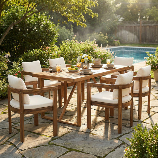 7 Pieces Acacia Wood Outdoor Dining Set with Cream Cushions,Modern 6 Chairs 1 Large Table,Dining Furniture Set for Lawn, Backyard, Garden Deck,Poolside,Teak